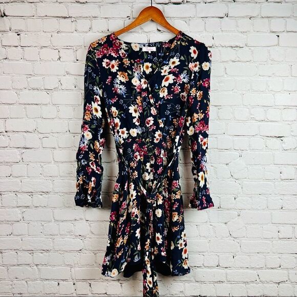 Parker Silk Blend Navy Floral Long Trumpet Sleeve Waist Tie Dress - Picture 5 of 11